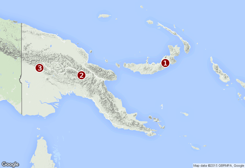 Lugares de estudio: 1. Montañas Nakanai, Nueva Bretaña • 2. Monte Michael, Tierras Altas Orientales • 3. Cordillera Muller, Tierras Altas del Sur (mapa base © Google)