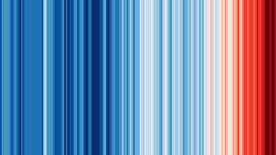 The ‘warming stripe’ graphic published by Ed Hawkins from the University of Reading, portrays the long-term increase of average global temperature from 1850 (left side of graphic) to 2018 (right side of graphic).