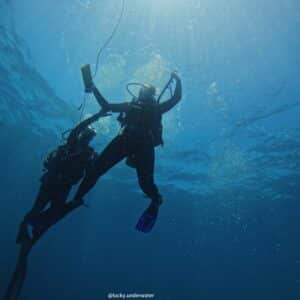 A Rocha Kenya: Divers helping each other to maintain safe stop (@lucky.underwater)